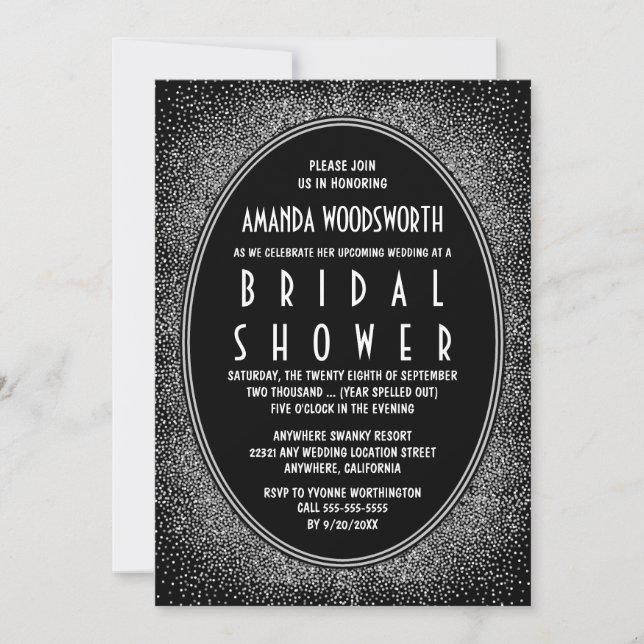 Invitaciones a ducha de novias en negro y plateado (Anverso)
