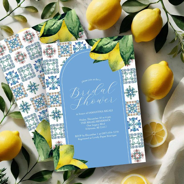 Invitaciones a ducha de novias italianas azules y  (Amalfi coast bridal shower invitations blue and yellow lemon theme by Victoria Grigaliunas)