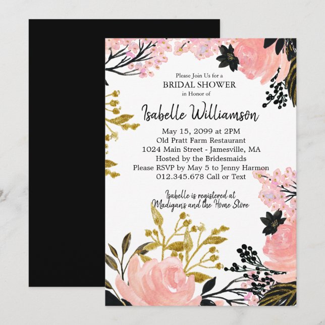 Invitaciones a ducha de novias rosadas, negras y d (Anverso / Reverso)