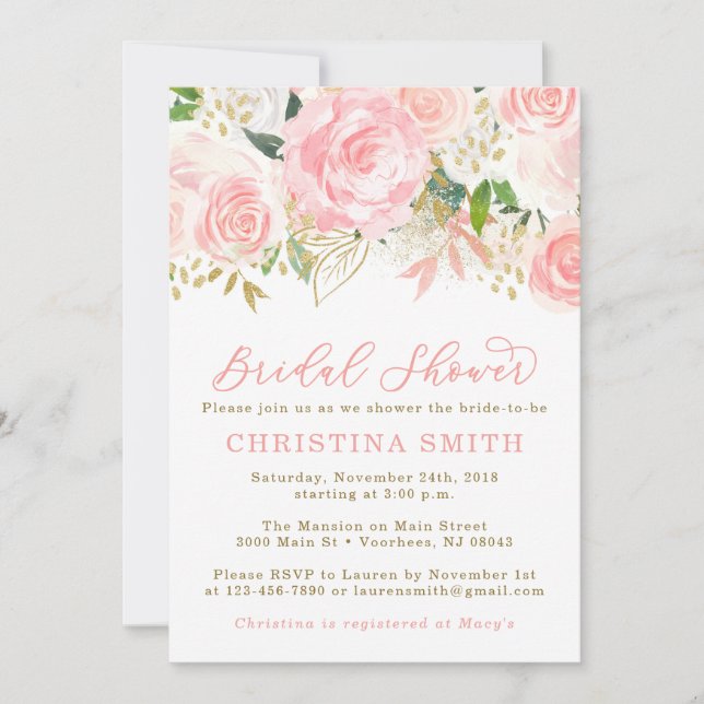 Invitaciones a ducha de novias rosadas y doradas (Anverso)