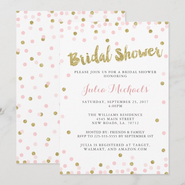 Invitaciones a ducha de novias rosadas y doradas (Anverso / Reverso)