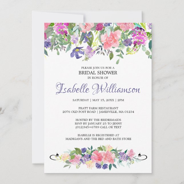 Invitaciones a ducha de novias rosadas y púrpura (Anverso)