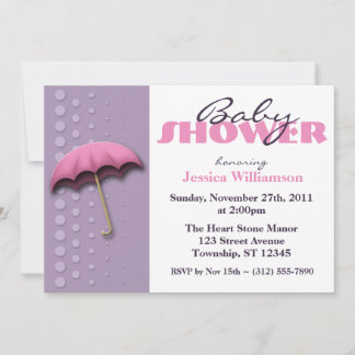 Invitaciones a ducha de paraguas rosados y morados