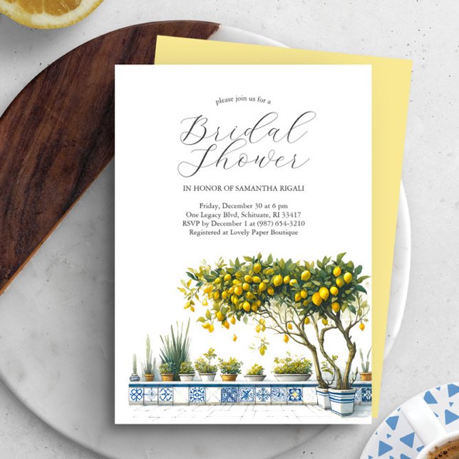 Invitaciones a ducha de personalizado Lemon Bridal (Yellow and blue lemon theme watercolor bridal shower invitations Victoria Grigaliunas DoTellABelle)