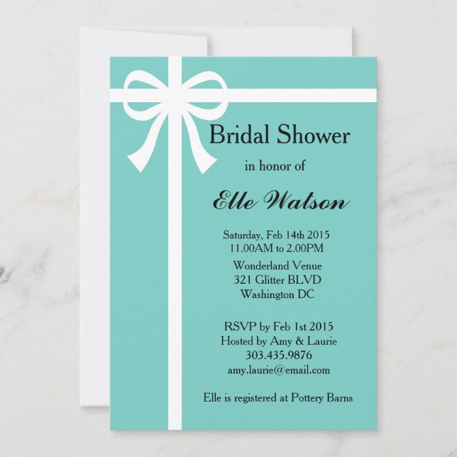 Invitaciones a ducha nupcial Aqua, cinta blanca (Anverso)