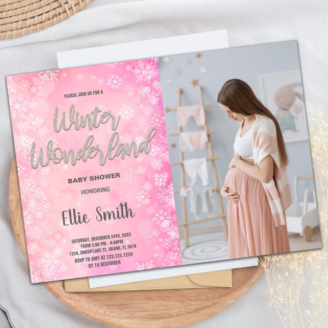 Invitaciones a ducha para bebés de invierno Foto d (Winter Baby Shower Invitations Pink Snow Photo)