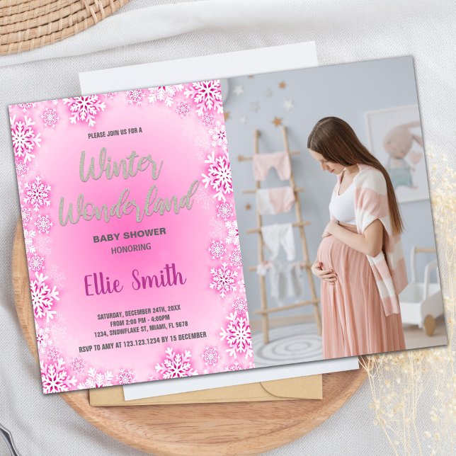 Invitaciones a ducha para bebés de invierno Foto d (Winter Baby Shower Invitations Pink Snow Photo)