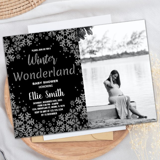Invitaciones a ducha para bebés de invierno Foto d (Winter Baby Shower Invitations Black Silver Photo)