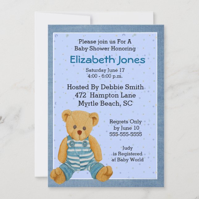 Invitaciones a ducha para bebés de oso (Anverso)