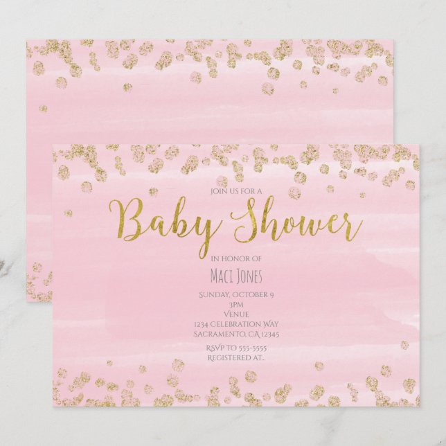 Invitaciones a ducha Rubor Light Pink & Gold Baby (Anverso / Reverso)