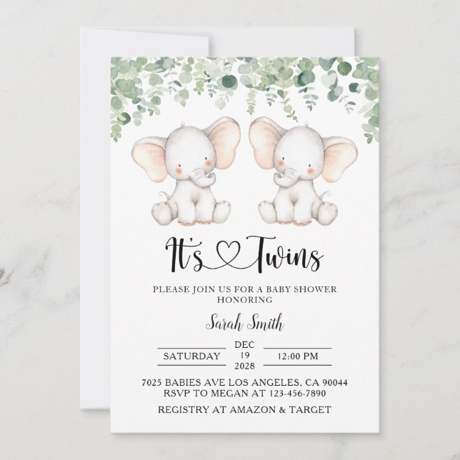 Invitaciones a ducharse con elefantes gemelos (Anverso)