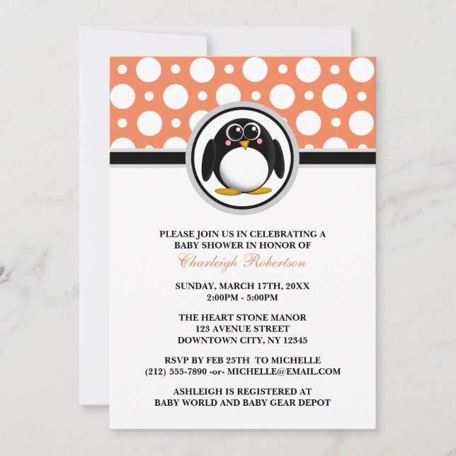 Invitaciones a duchas de bebé del Naranja pingüino (Anverso)