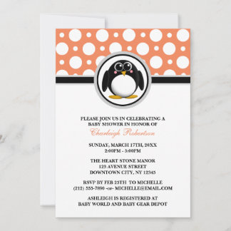 Invitaciones a duchas de bebé del Naranja pingüino