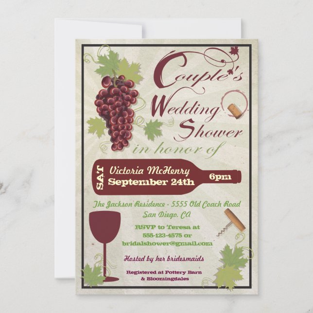 Invitaciones a duchas de bodas de parejas de vino  (Anverso)