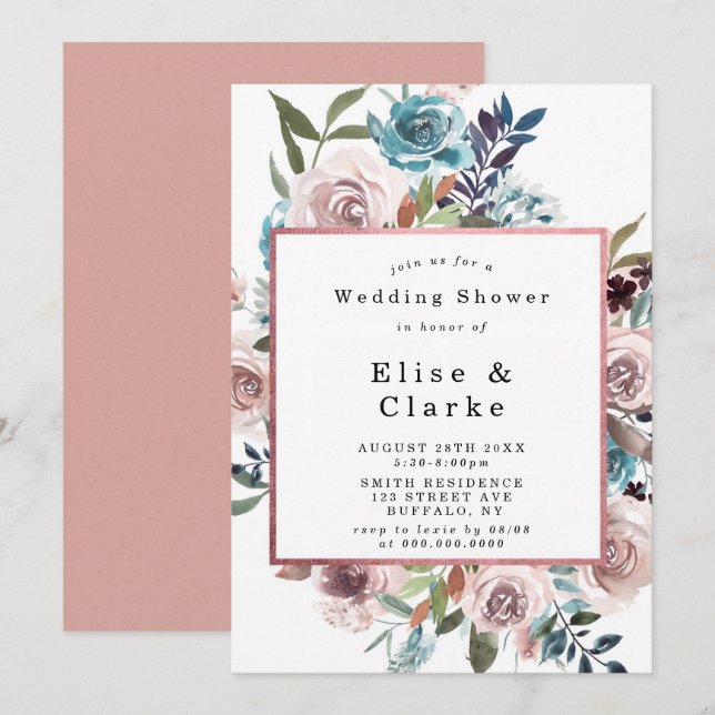 Invitaciones a duchas de bodas Verde azuladas rosa (Anverso / Reverso)
