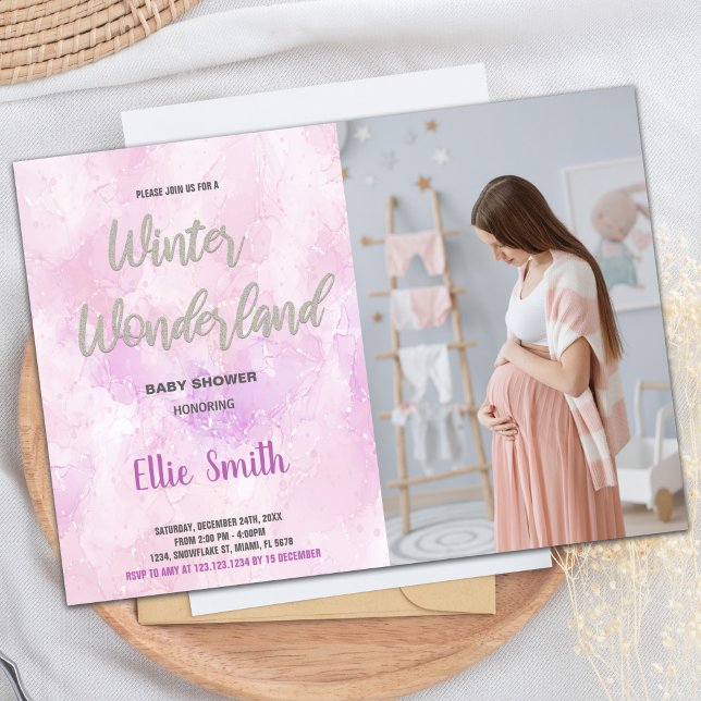 Invitaciones a duchas de invierno Purpurina rosa f (Winter Baby Shower Invitations Pink Glitter Photo)