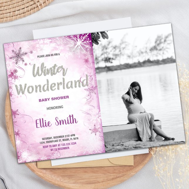 Invitaciones a duchas de invierno Purpurina rosa f (Winter Baby Shower Invitations Pink Glitter Photo)
