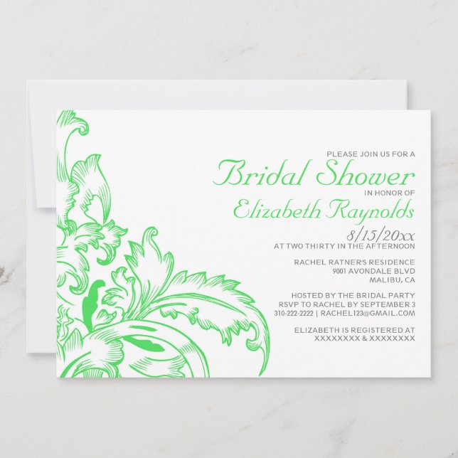 Invitaciones a duchas de novias con flor verde lim (Anverso)