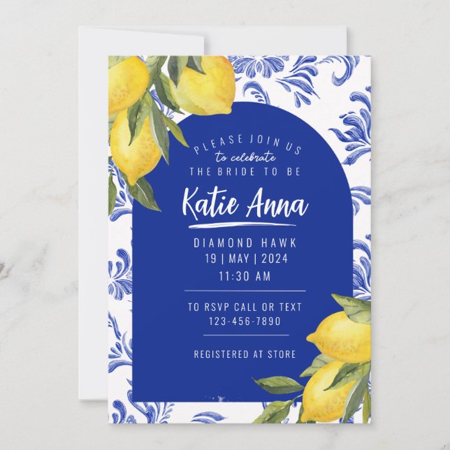 Invitaciones a duchas de novias con limón azul y a (Anverso)