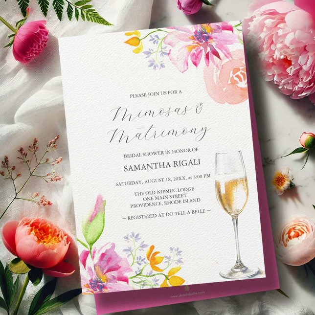 Invitaciones a duchas de novias de Mimosas y Matri (mimosas and matrimony bridal shower invitations watercolor flowers art by Victoria Grigaliunas)