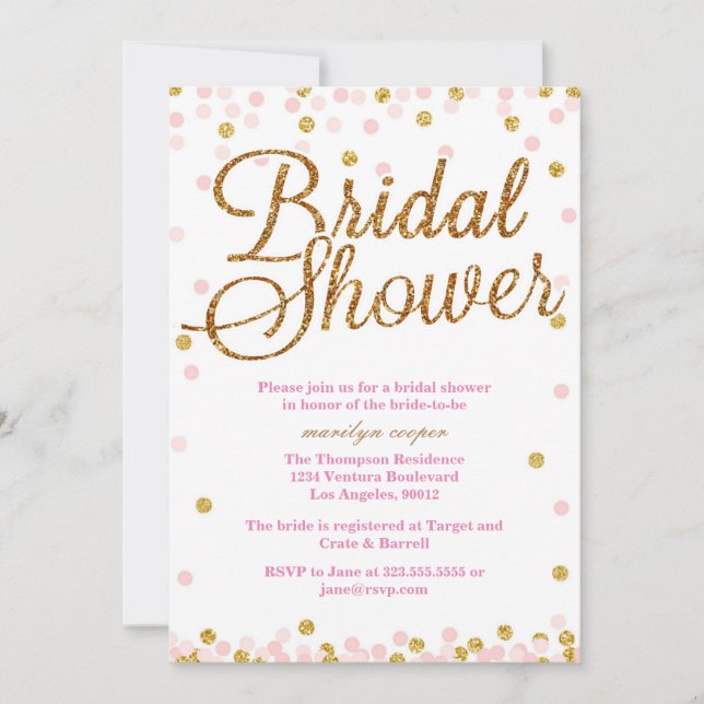 Invitaciones a duchas de novias de Purpurina rosa  (Anverso)