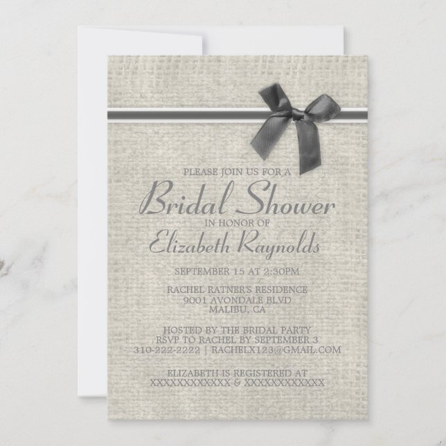 Invitaciones a duchas de novias en Burlap Rústico  (Anverso)