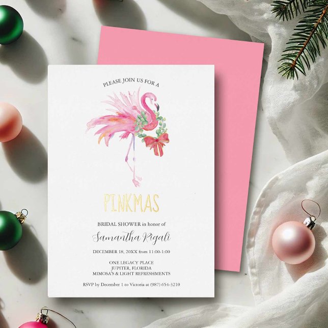 Invitaciones a duchas de novias para Navidades tro (palm beach christmas bridal shower invitations features watercolor pink flamingo)