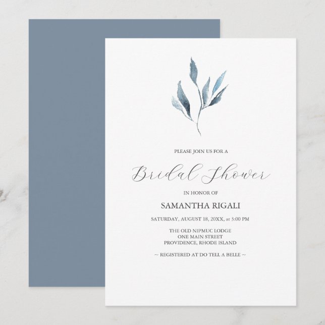Invitaciones a duchas nupales Dusty Blue Botanical (Anverso / Reverso)