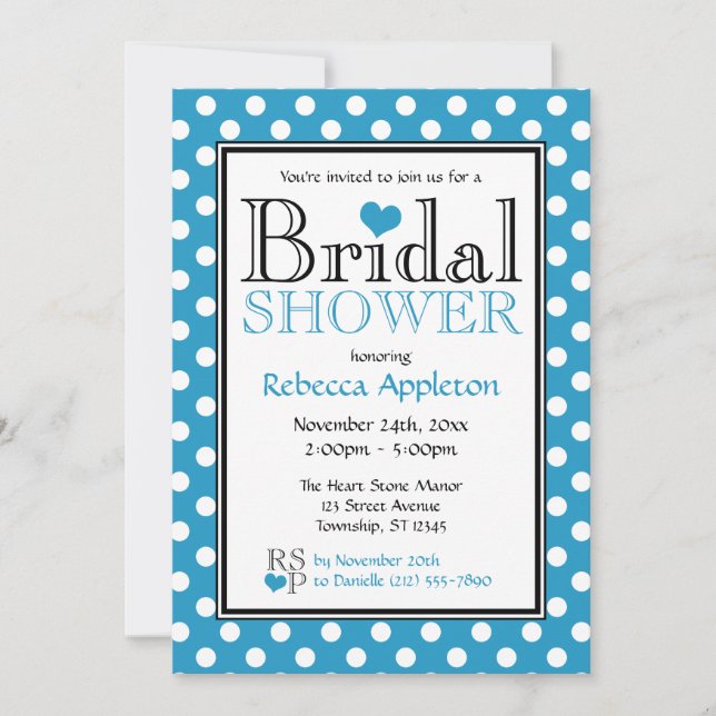 Invitaciones a duchas nupciales con polka Dot Blue (Anverso)