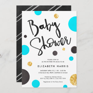 Invitaciones a duchas para bebés azules y doradas