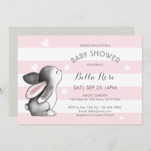 Invitaciones a duchas para bebés conejito rosa (Anverso / Reverso)