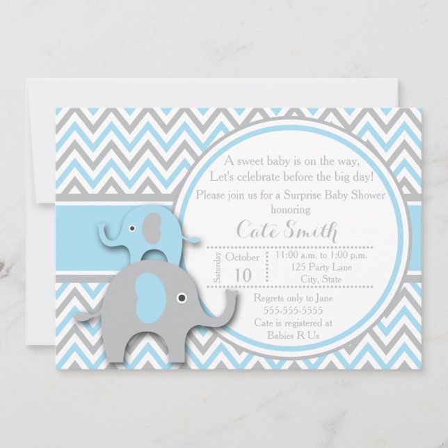 Invitaciones a duchas para bebés elefantes, azules (Anverso)