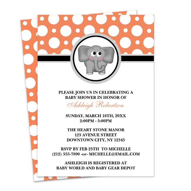 Invitaciones a duchas para bebés elefantes Naranja (Elephant Orange Polka Dot Baby Shower Invitations at Having Baby on Zazzle.)