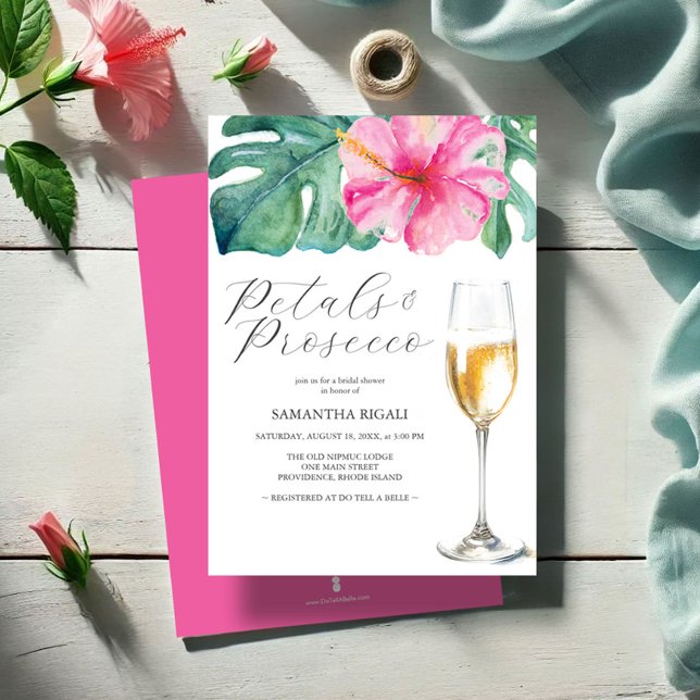 Invitaciones a duchas tropicales rosadas | Brunch (Tropical pink Hibiscus flower and palm leaf bridal shower invitation watercolor Victoria Grigaliunas)
