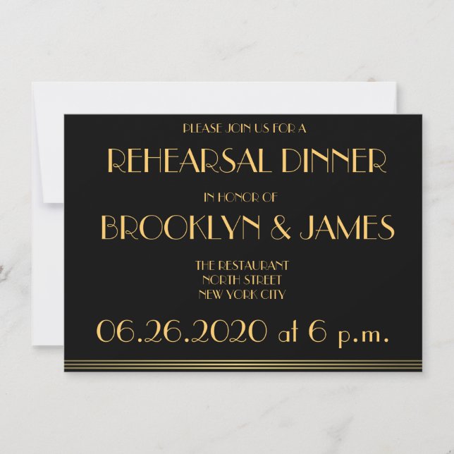Invitaciones a ensayo de Bodas Black Great Gatsby (Anverso)