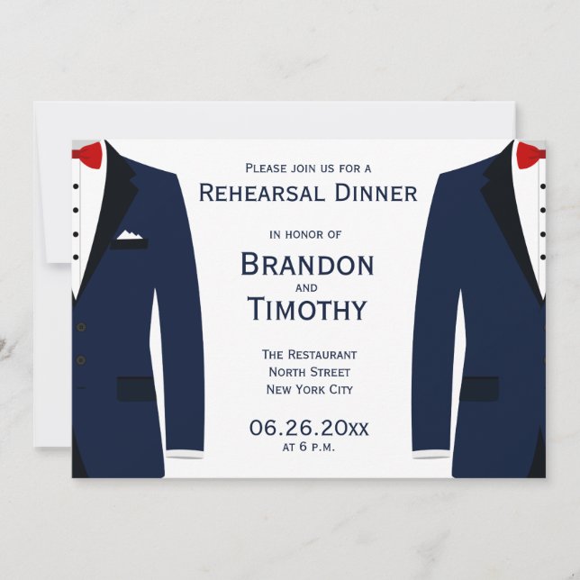 Invitaciones a ensayos de Bodas gays azules y blan (Anverso)