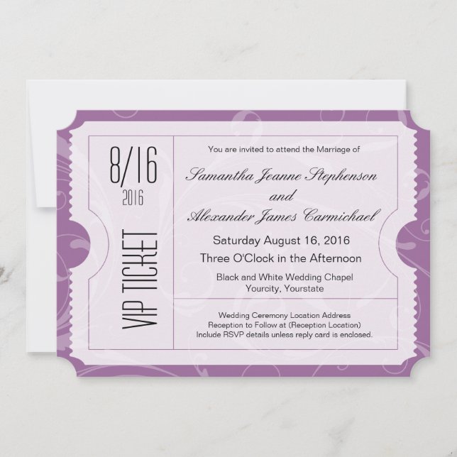Invitaciones a entradas de Boda VIP púrpura (Anverso)