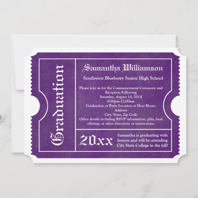Invitaciones a entradas de graduación morado y bla (Anverso)
