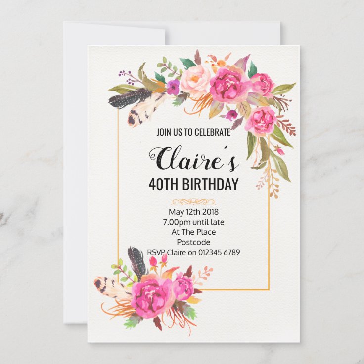 Invitaciones a fiesta de 40 cumpleaños con flores 
