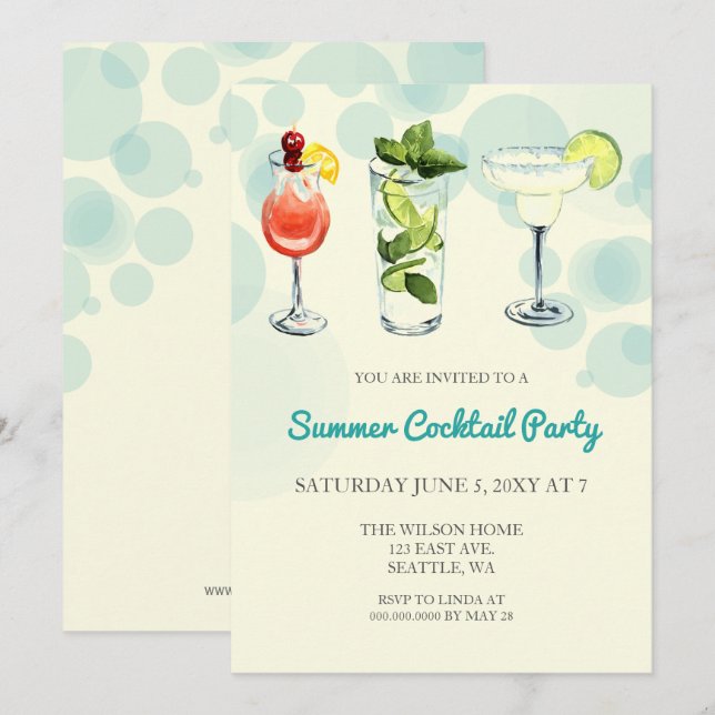 Invitaciones a fiesta de cócteles de verano (Anverso / Reverso)