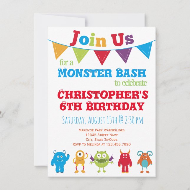 Invitaciones a fiesta de cumpleaños de monstruos d (Anverso)