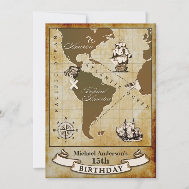 Invitaciones a fiesta de cumpleaños de Pirata Mapa (Anverso)
