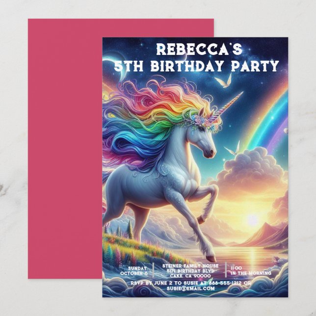 Invitaciones a fiesta de cumpleaños de Rainbow Uni (Anverso / Reverso)