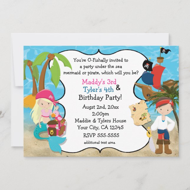 Invitaciones a fiesta de cumpleaños de sirena y pi (Anverso)