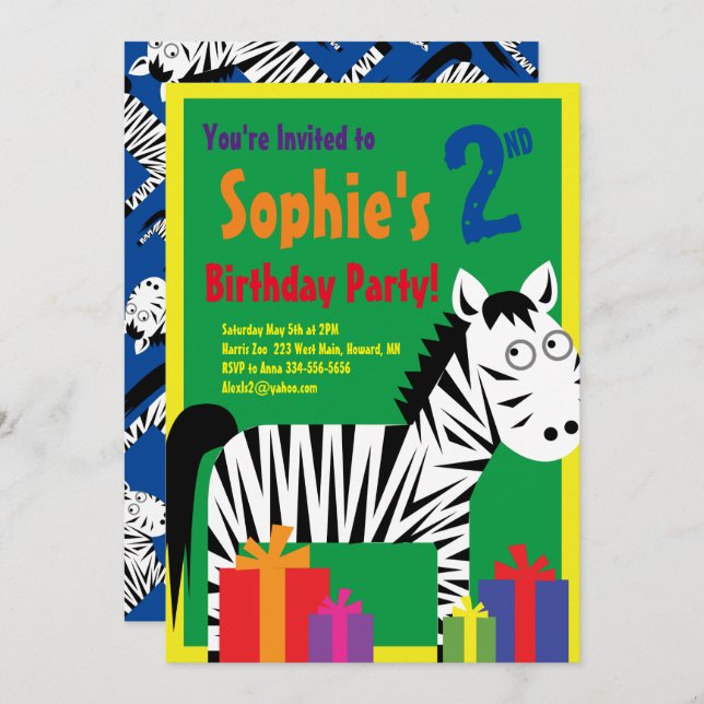 Invitaciones a fiesta de cumpleaños de Zebra Anima (Anverso / Reverso)