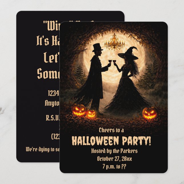 Invitaciones a fiesta de Halloween con vino tema l (Anverso / Reverso)