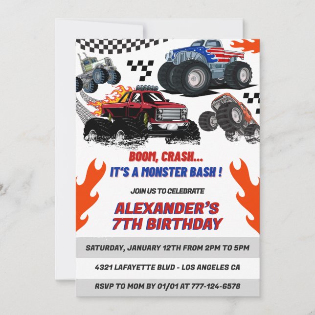 invitaciones a fiesta de Hot Wheels Niño Boom Cras (Anverso)