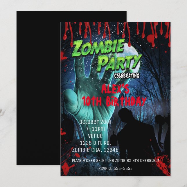 Invitaciones a fiesta de ZOMBIES de Halloween (Anverso / Reverso)