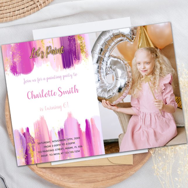 Invitaciones a fiestas artísticas de personalizabl (Paint Birthday Invitation Purple with photo)