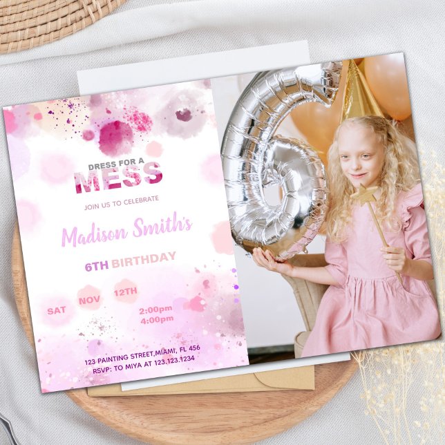 Invitaciones a fiestas de arte personalizable para (Dress for mess Paint Birthday Invitations w photo)